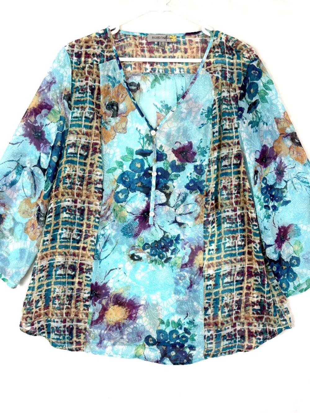 FIGUEROA & FLOWER Anthropologie Flowy Floral Boho Sheer Roll Tab Tunic Blouse XL